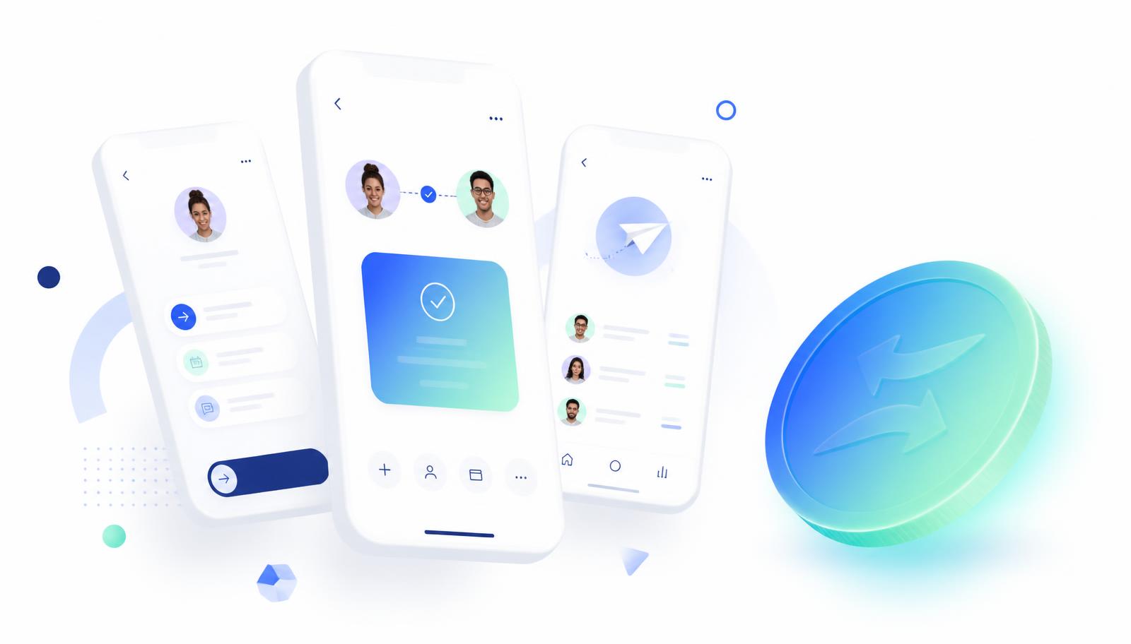Payment app screens sending money beside a blue and green crypto coin