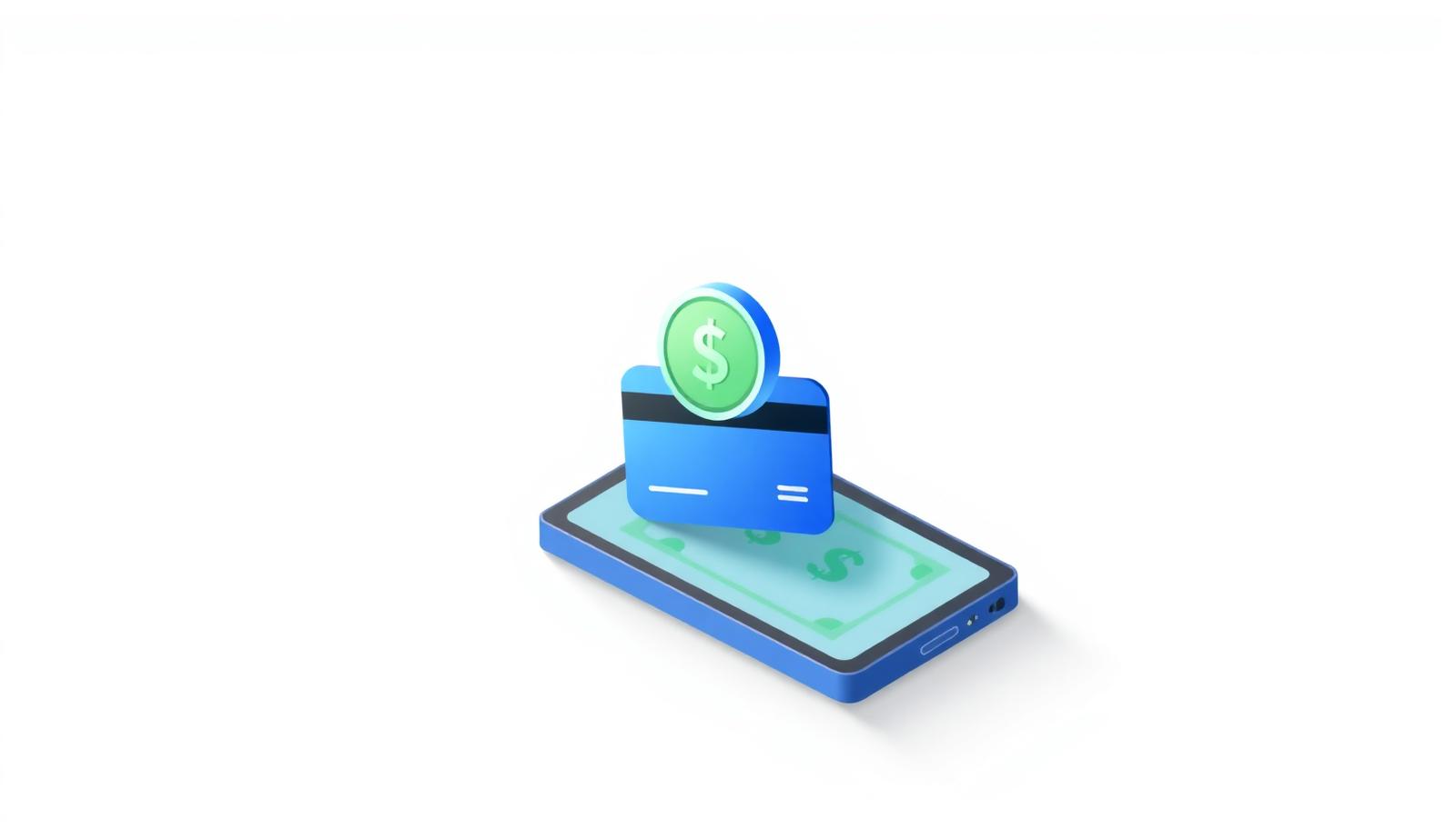 Phone showing a cash out to a bank card next to a green dollar coin