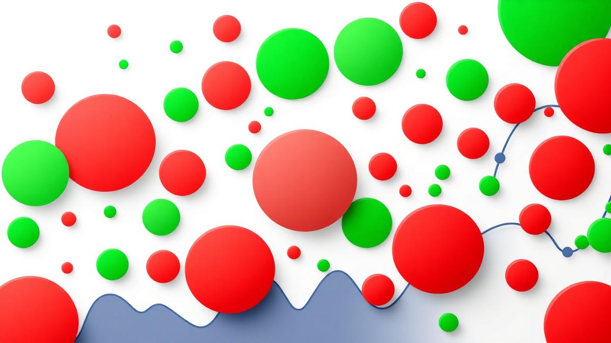 Green and red crypto bubbles of different sizes over a price trend line