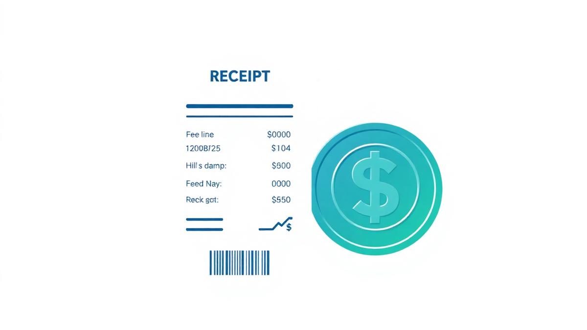 Receipt of shrinking fees beside a blue and green gradient dollar coin