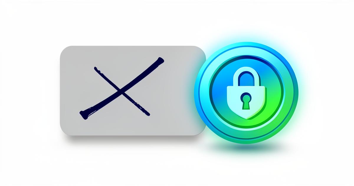 A crossed-out blank ID card beside a blue and green crypto coin with a padlock shield