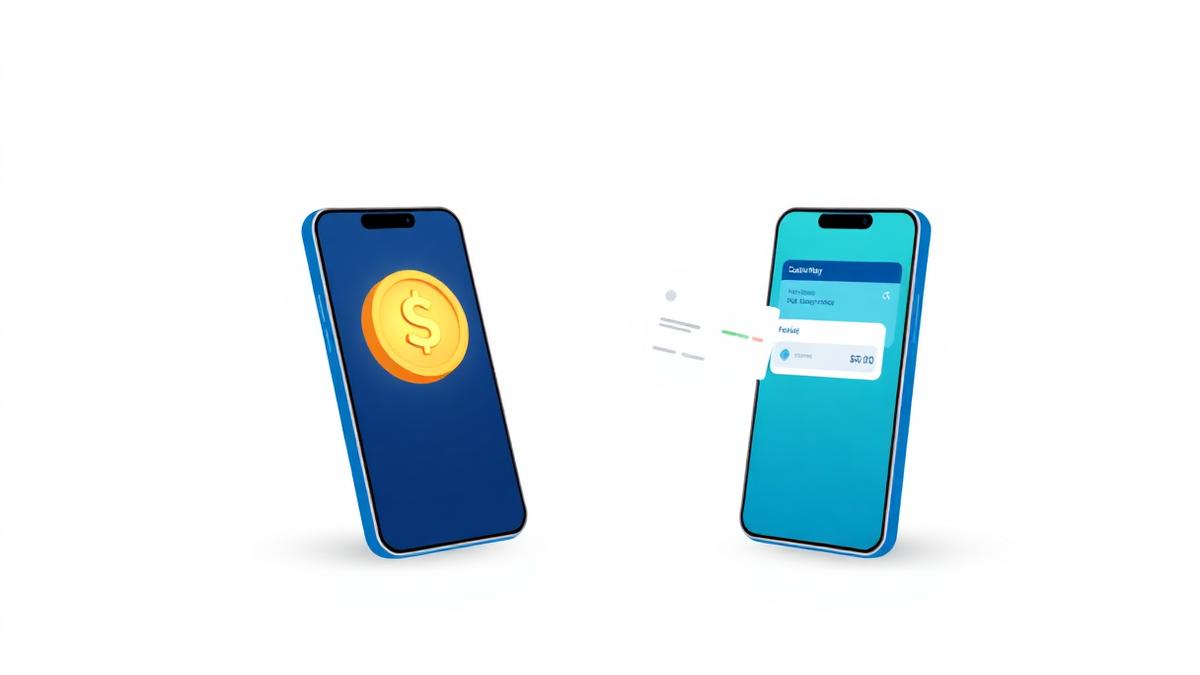 Two phones exchanging a coin and a payment receipt