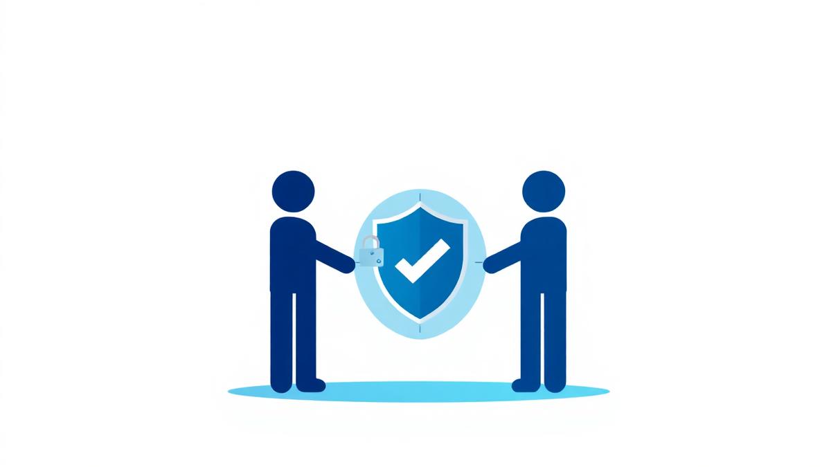 Two people trading through a locked escrow shield with a checkmark