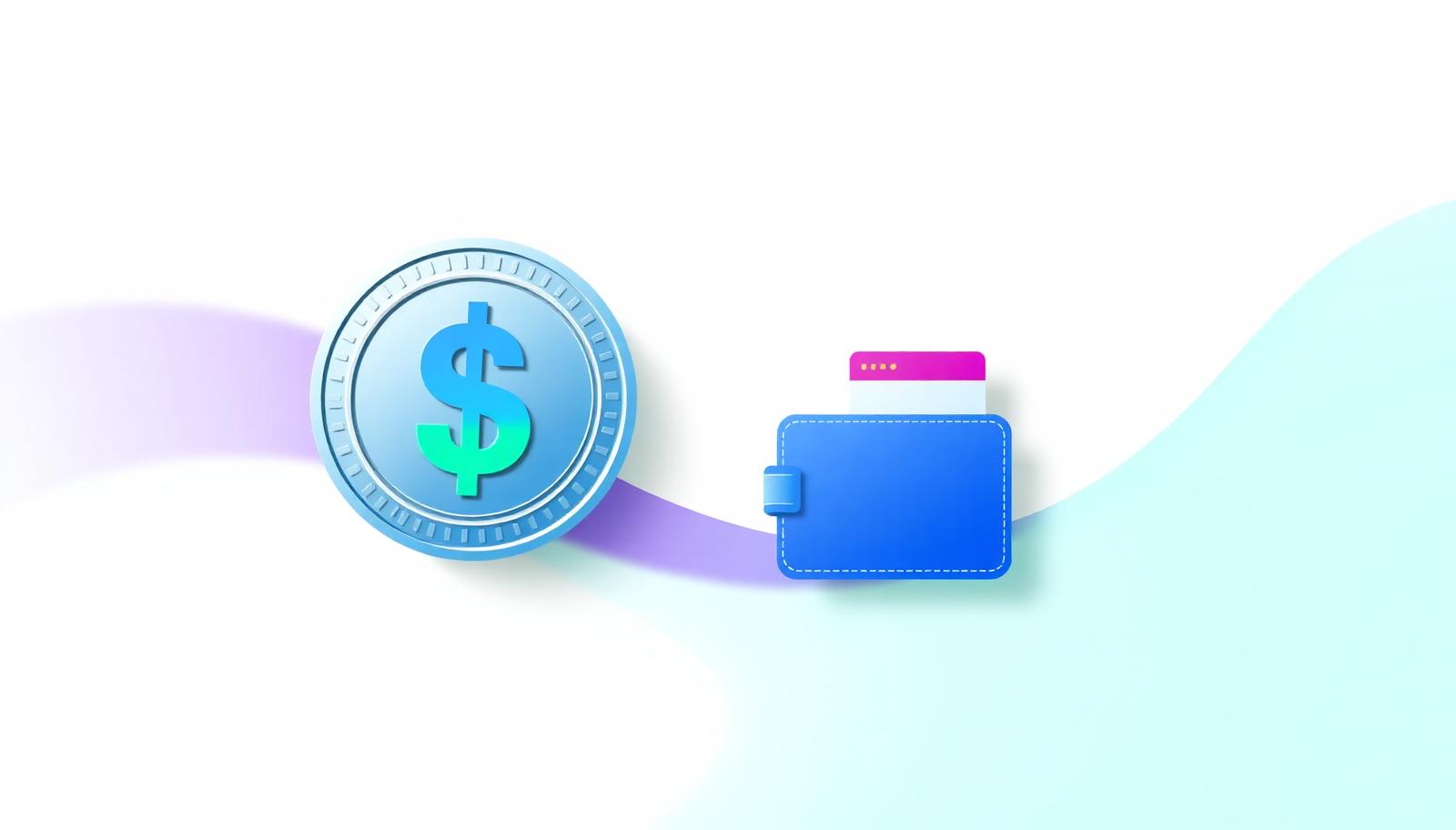 Dollar stablecoin coin connected to a wallet by blue and green gradient lines
